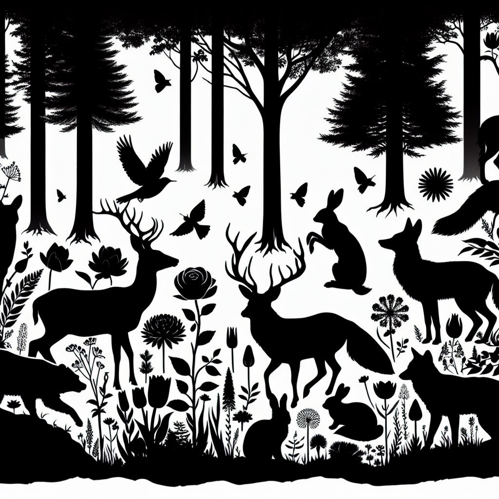 Wildlife & Forest Creatures With Flowers Inside Vector Silhouette