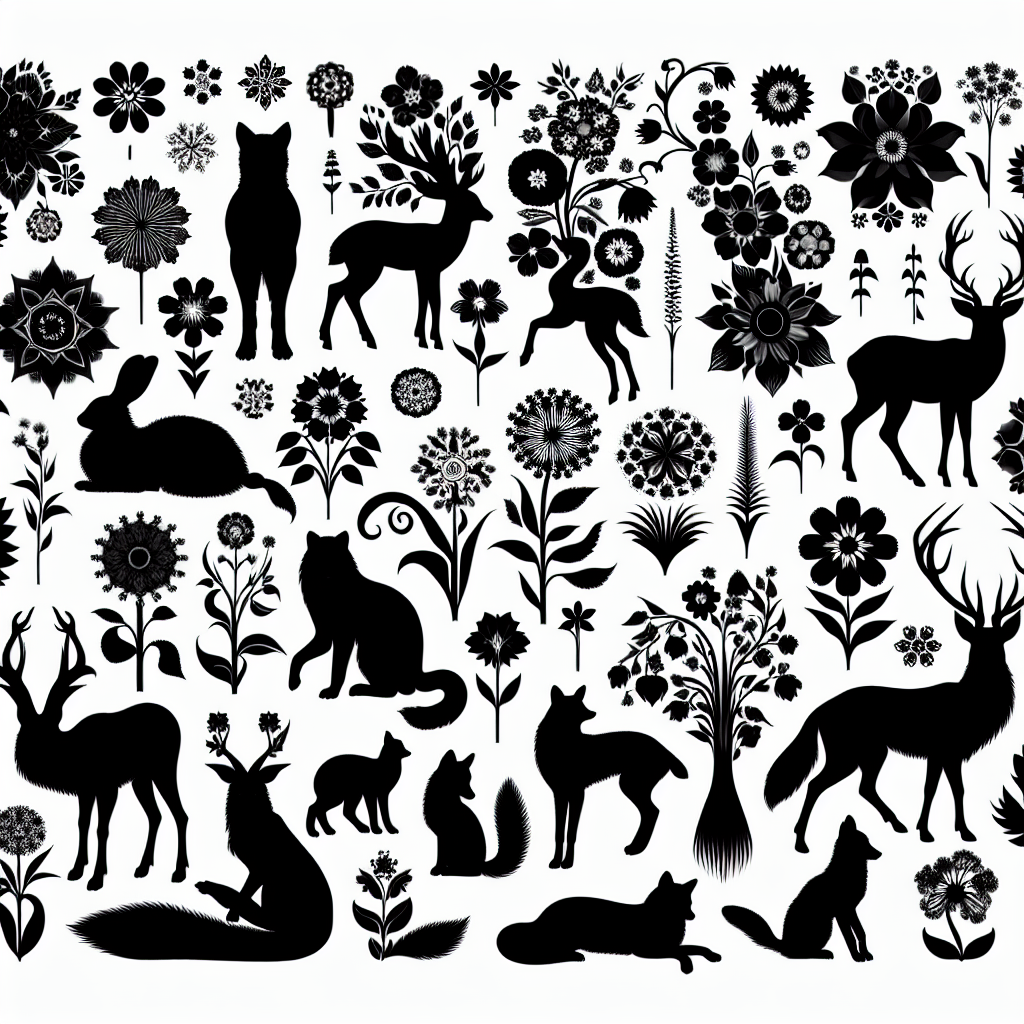 Wildlife & Forest Creatures With Flowers Inside Vector Silhouette