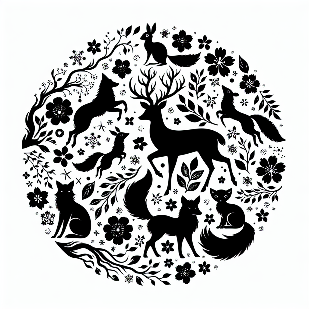 Wildlife & Forest Creatures With Flowers Inside Vector Silhouette