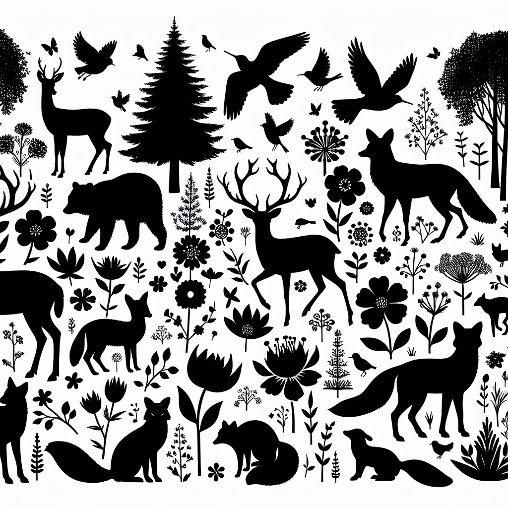 Wildlife & Forest Creatures With Flowers Inside Vector Silhouette